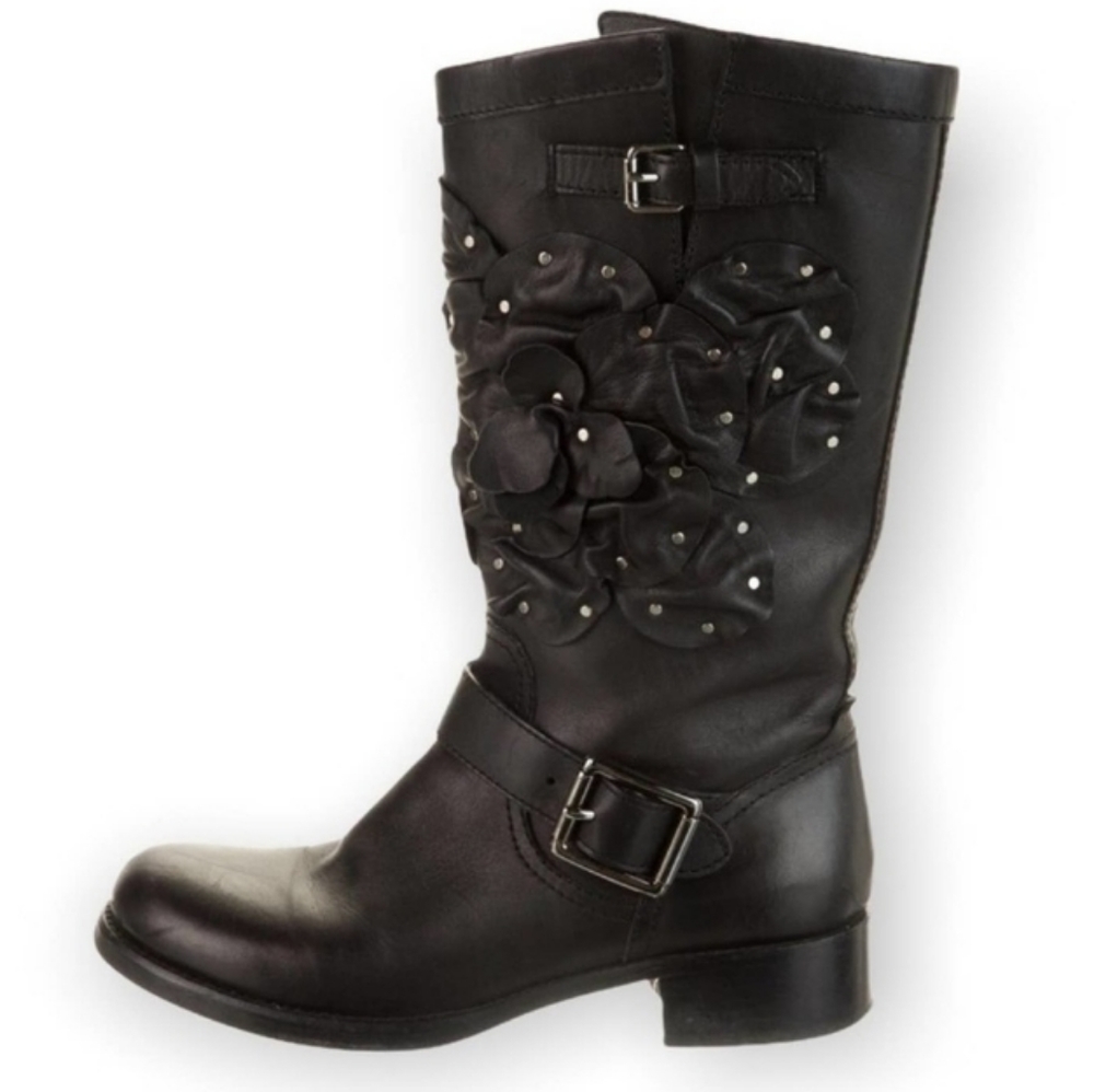 VALENTINO black Leather Floral Print Moto Boots Size 37.5